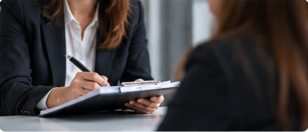 Profesional realizando una entrevista confidencial en una oficina