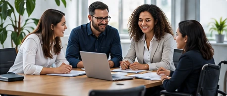 Equipo profesional diverso colaborando en una reunión de trabajo