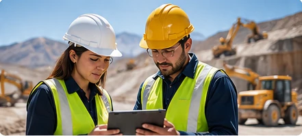 Profesionales con cascos y chalecos revisando requisitos en una faena minera